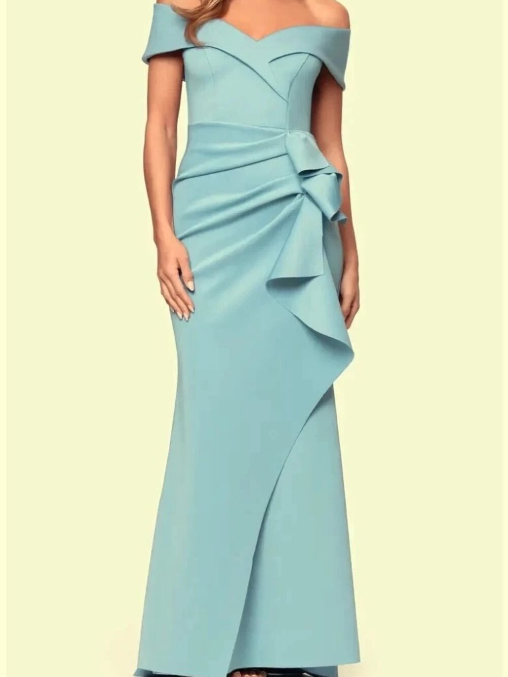 Xscape Slate Blue Ava Off the Shoulder Side Ruffle Evening Gown